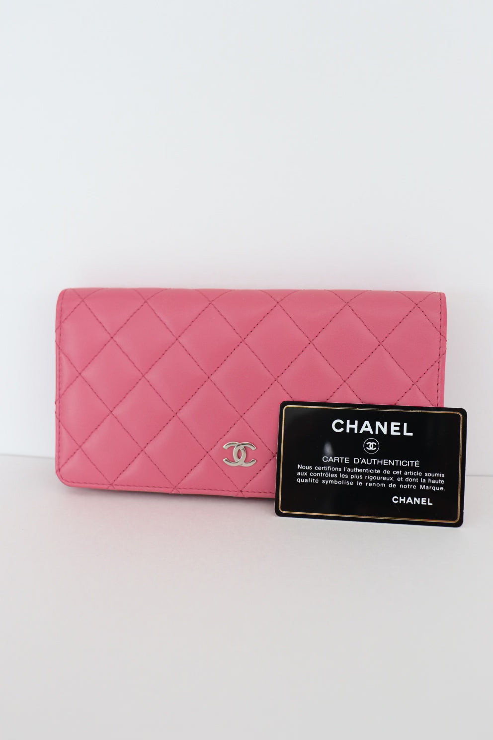 Chanel quilted yen pink leather wallet