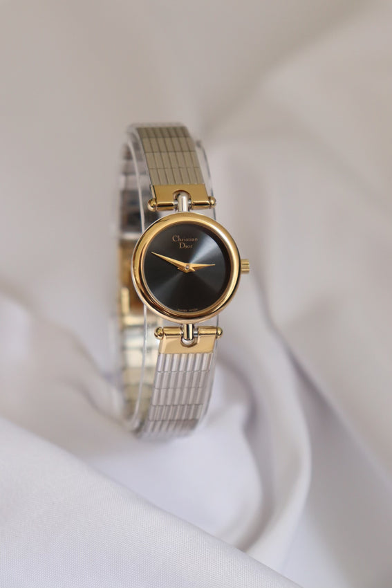 Dior 1990s Black Dial Round Two Tone Watch