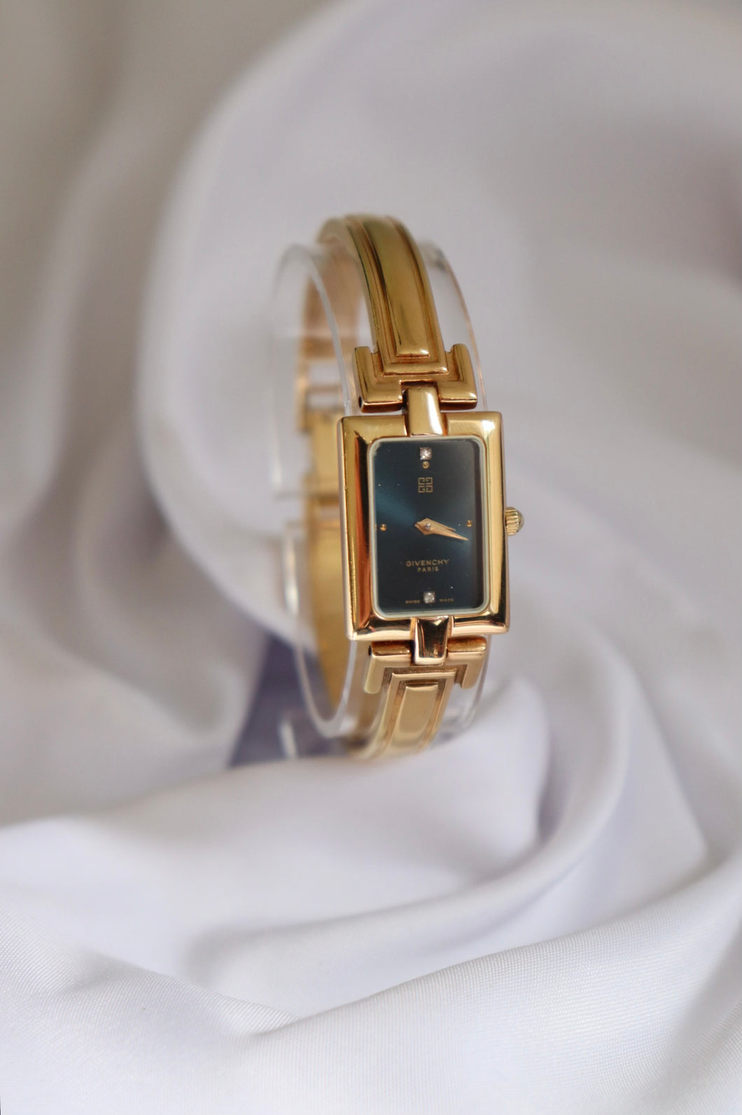 Vintage Givenchy 1990s Emerald Dial Gold Plated Bangle Watch