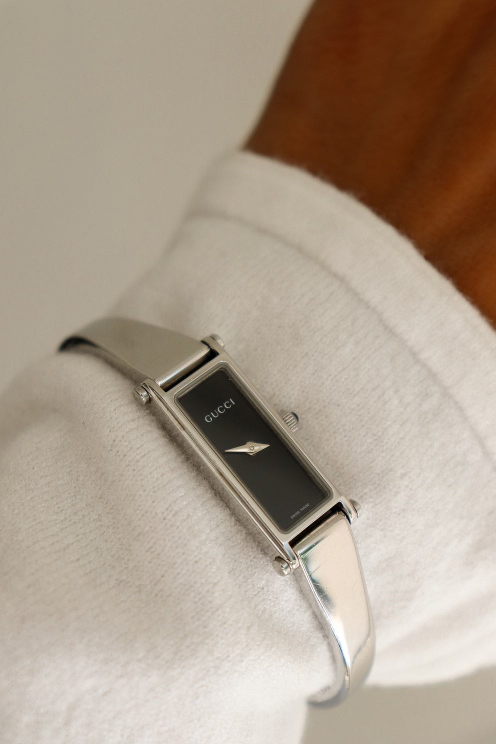 Vintage Gucci Bangle Watch in silver with black dial