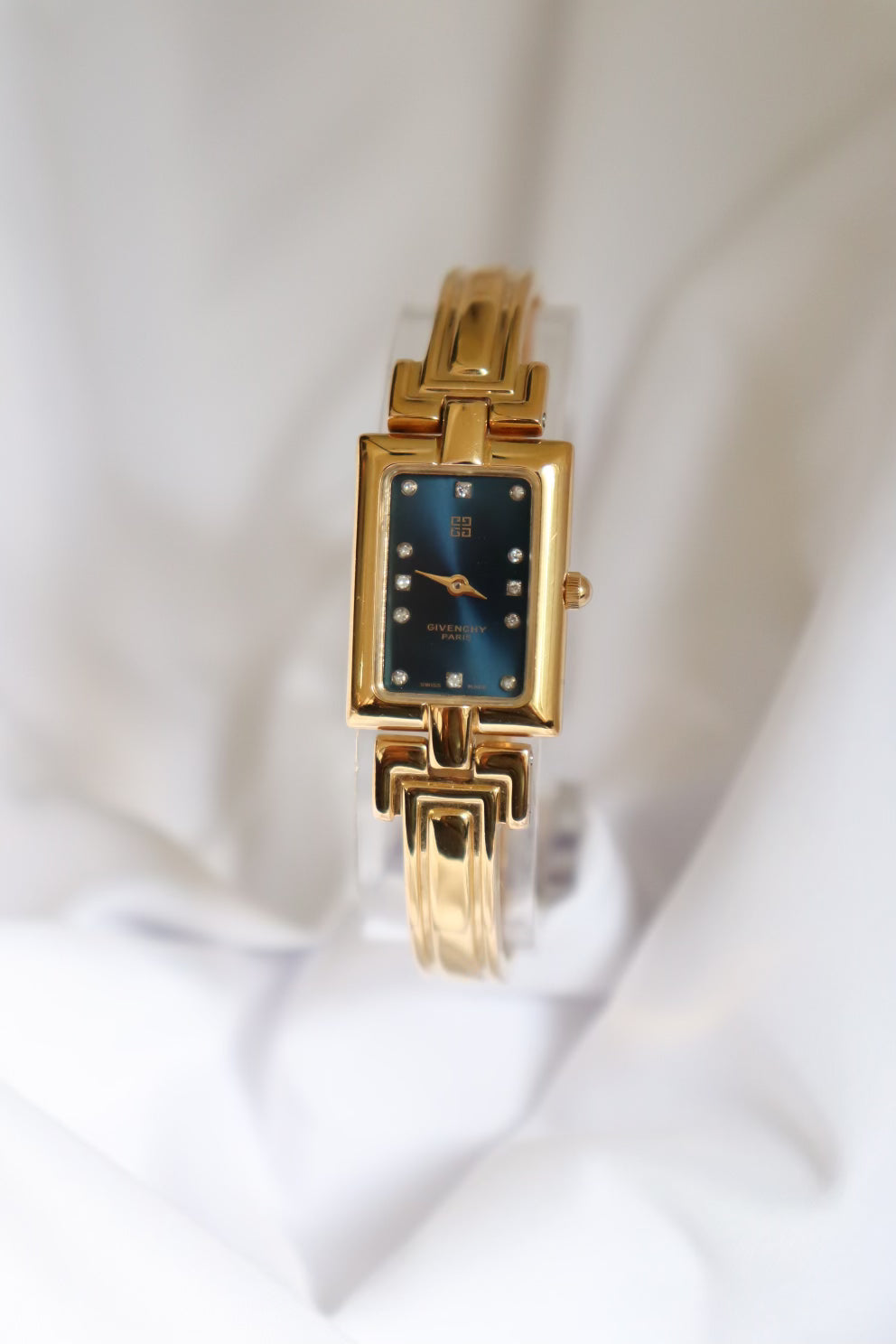 Vintage Givenchy 1990s Blue Dial Gold Plated Bangle Watch