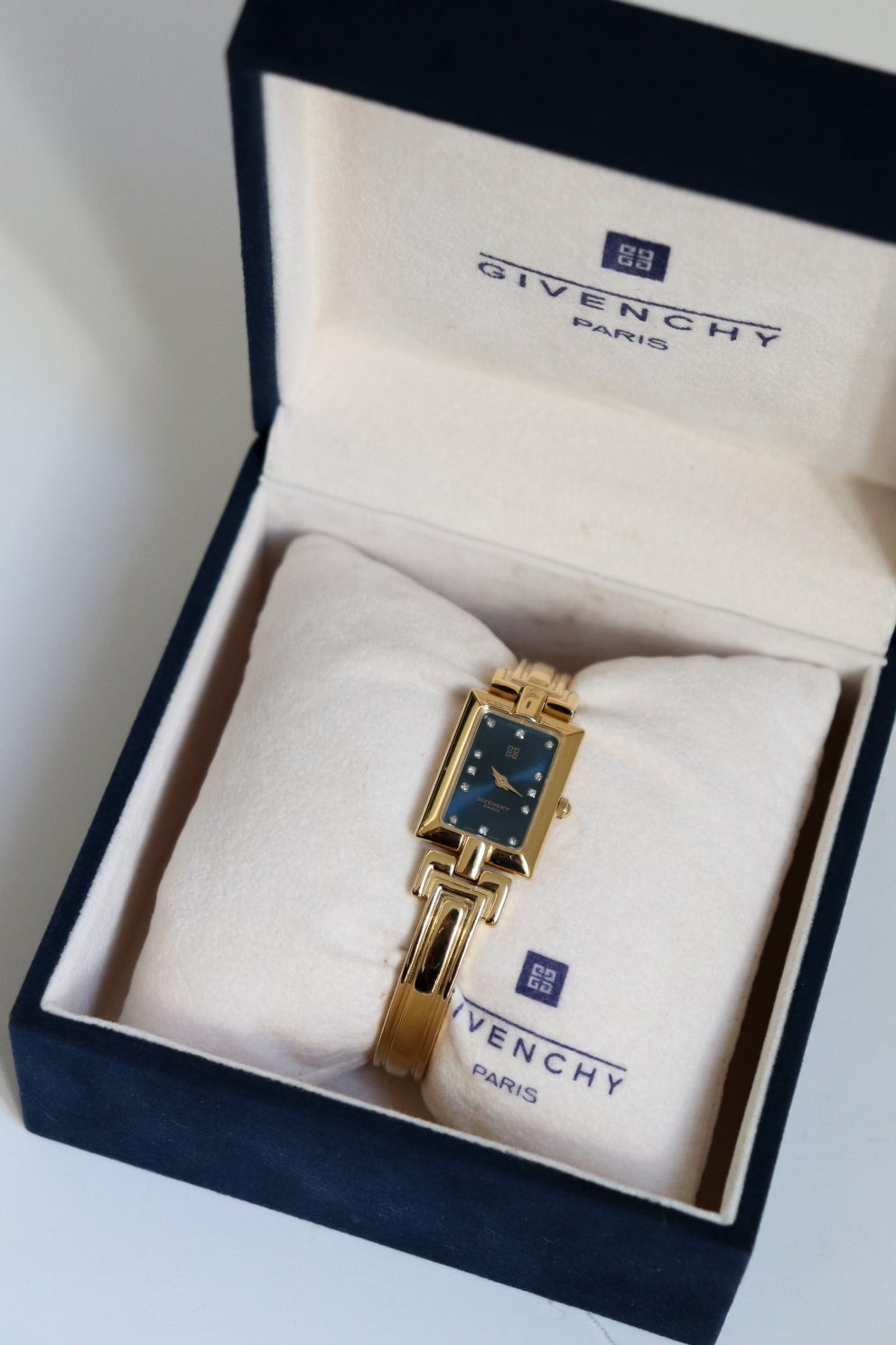 Vintage Givenchy 1990s Blue Dial Gold Plated Bangle Watch