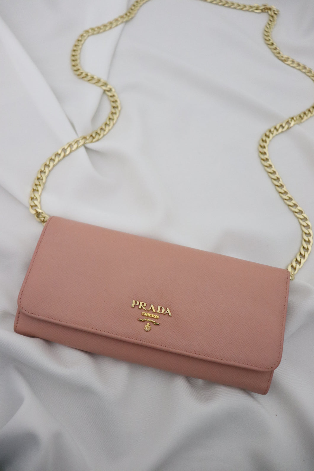new PRADA pink saffiano gold logo flap wallet on chain clutch bag