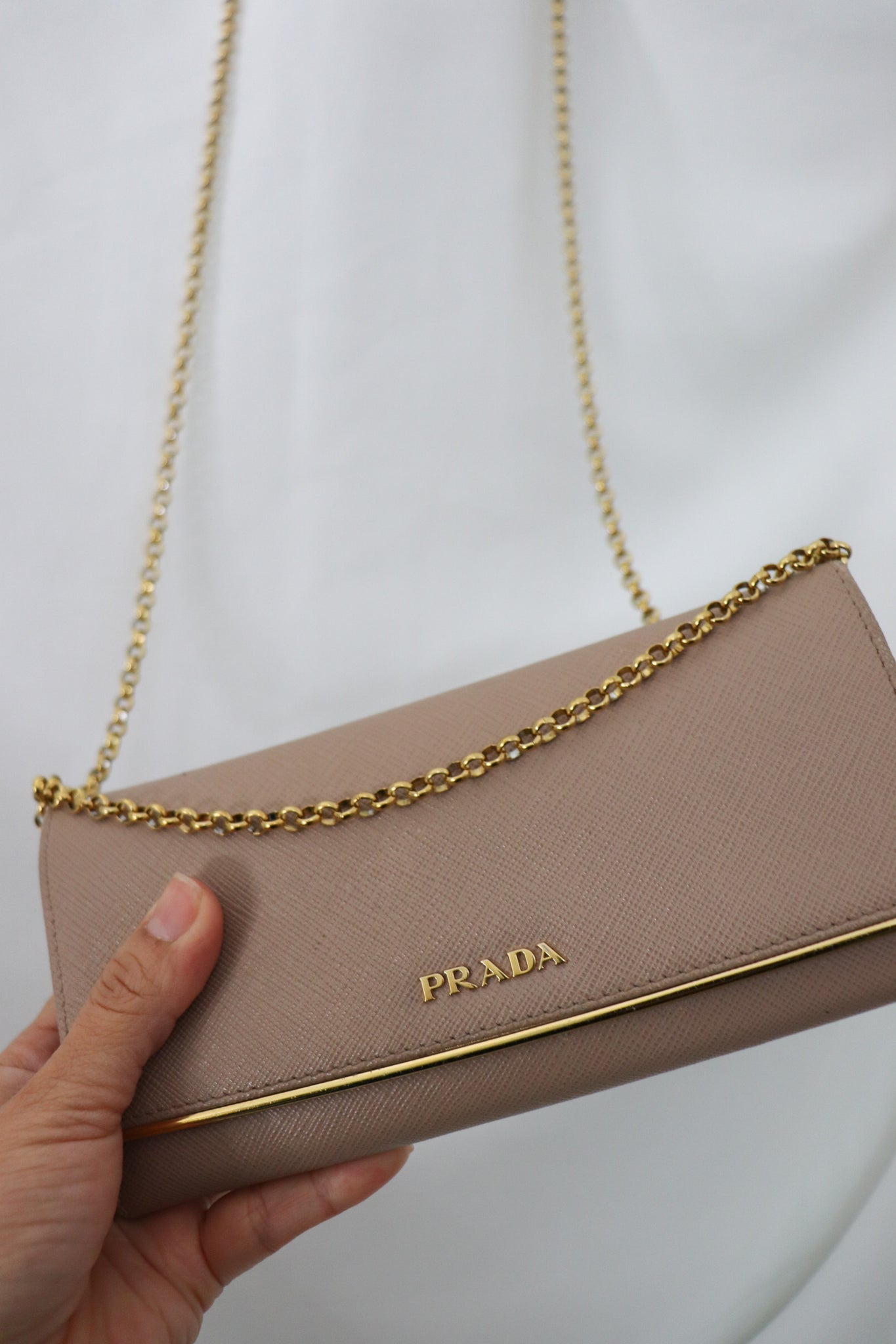 Prada Saffiano Metal Leather Full Metal Flap Bar Wallet on Chain